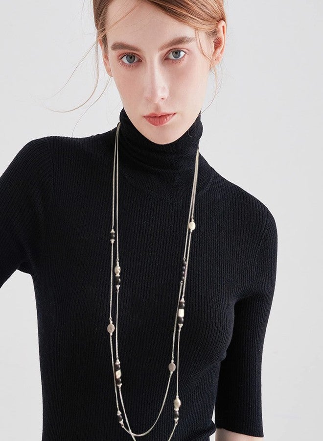 BULINLIN Layered Silver Long Necklace for Women Turquoise Stone Beaded Strand Sweater Chain Necklaces Fashion Costume Jewelry Gifts for Mom(Black) - Image 3